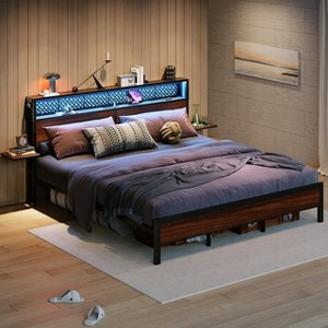 Bestier Full Size Platform Bed Frame with Wood Foldable Bedside Shelves and LED Storage Headboard Charge Station - 1 of 4