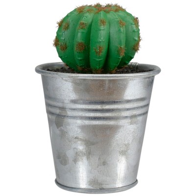 Northlight 3.5" Tropical Cactus in Tin Pot Artificial Potted Plant - Green/Silver