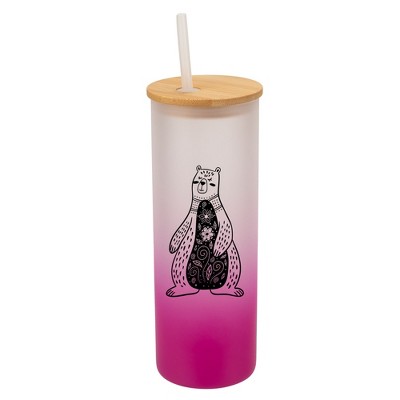 Elanze Designs Floral Bear Pink Frosted Gradient Glass Tumbler with Bamboo Lid & Straw 25 ounce Reusable Iced Coffee or Water Cup, Whimsical Animal