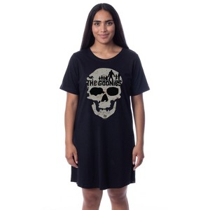 The Goonies Womens' Movie Film Skull Map Nightgown Sleep Pajama Shirt Black - 1 of 3