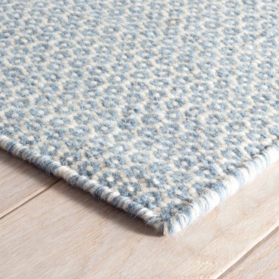 French Blue and Ivory Geometric Wool Runner Rug