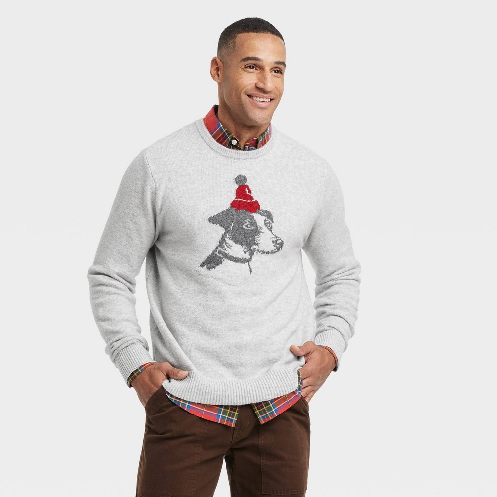 Men's Holiday Dog Crewneck Pullover Sweater - Goodfellow & Co Gravel Gray L
