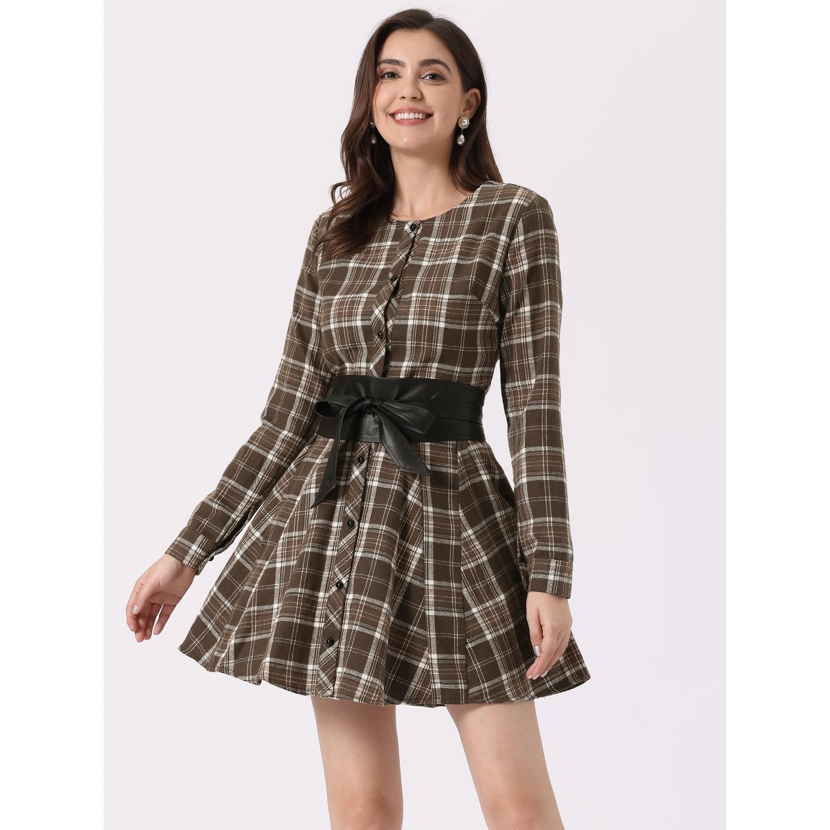 Женские платья INSPIRE CHIC Women's Plaids Long Sleeves Belted Mini A Line Shirt Dress Brown Small — фото 3