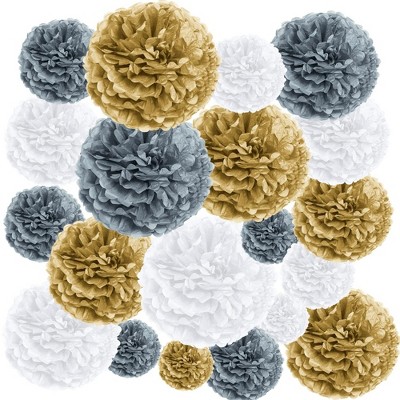 EpiqueOne 20-Piece Tissue Paper Pom Poms Party Decoration Kit - Gold, Silver & White | Different Sizes - 6", 8", 10", 12" & 14"