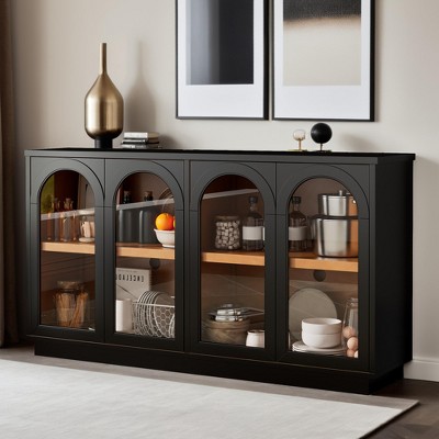 Storage Cabinet with 4 Door Glass Doors, Arched Cabinet with Adjustable Shelves for Living Room - Leovsnove