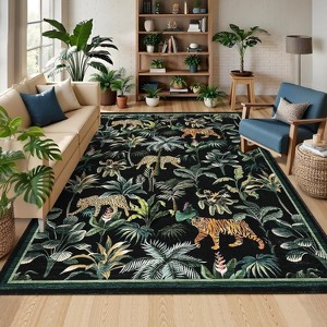 Acekool Washable Tiger Area Rug, Non-Slip Low Pile Botanical Animal Print Carpet for Living Room Bedroom Nursery Office, Soft & Foldable - 1 of 4