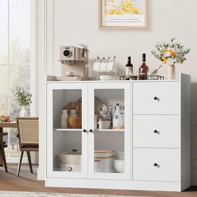 Homhougo Sideboard Buffet Cabinet with Storage, 43" Coffee Bar Cabinet with Glass Doors and 3 Drawers White