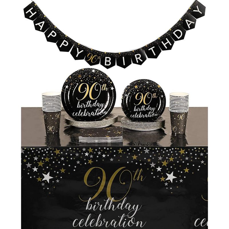 Sparkle and Bash 90th Birthday Party Supplies and Decorations for 24 Guests, Black and Gold Plates, Napkins, Cups, Tablecloths, Banner, 1 of 10