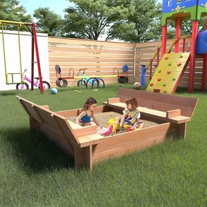 Wooden Kids Sandbox with Lid, Outdoor Sand Playset for Toddlers (Ages 1-3) Featuring 2 Bench Seats and Bottom Liner - 1 of 4