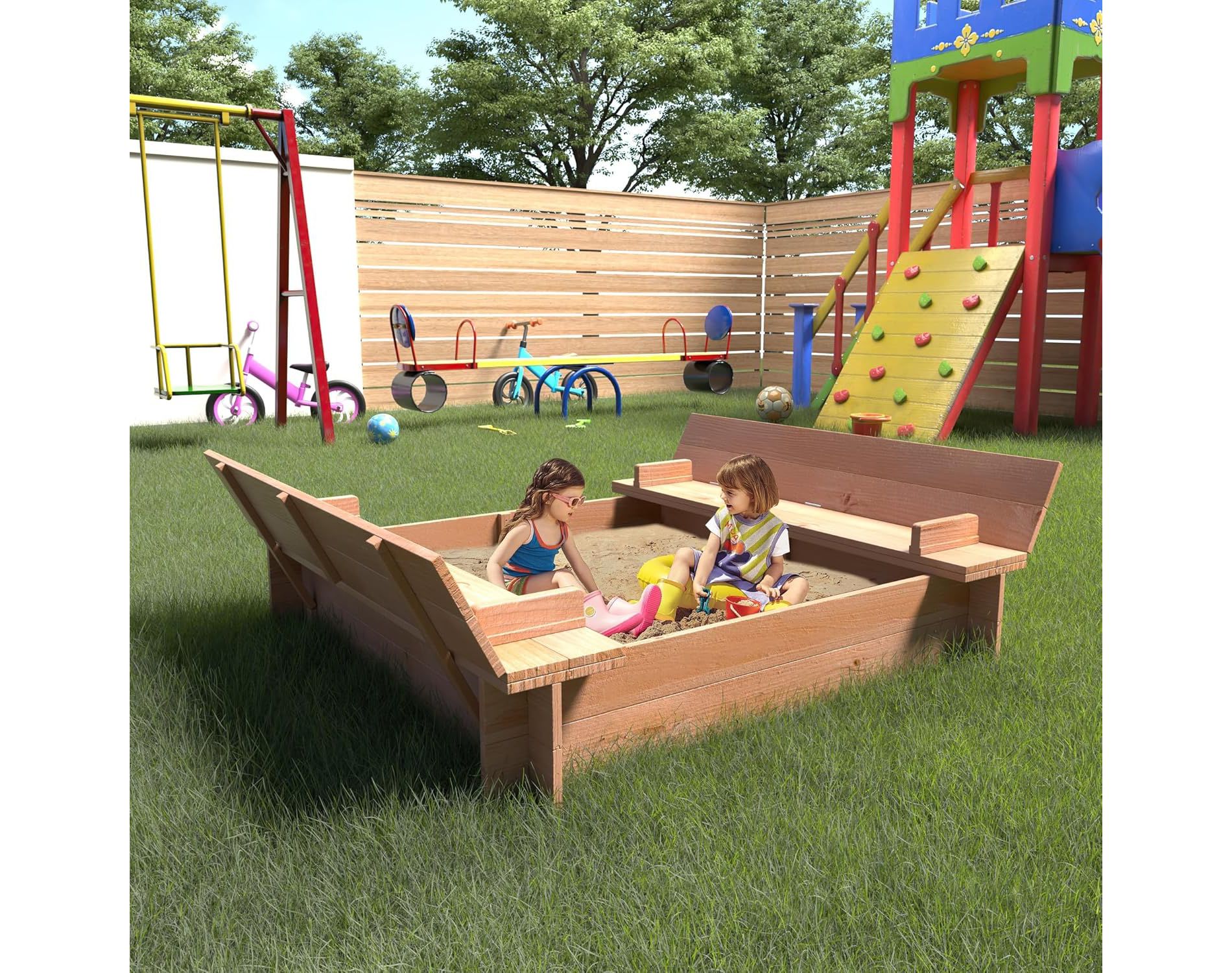 Wooden Kids Sandbox with Lid, Outdoor Sand Playset for Toddlers (Ages 1-3) Featuring 2 Bench Seats and Bottom Liner