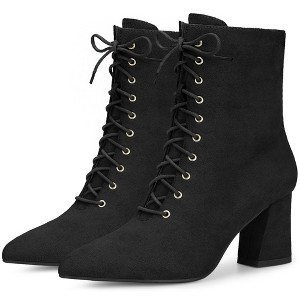 Perphy Women's Pointy Toe Lace Up Block Heel Ankle Boots - 1 of 4