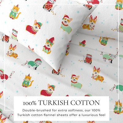 Queen Size Dog Cat Christmas Cotton Flannel Sheet Set