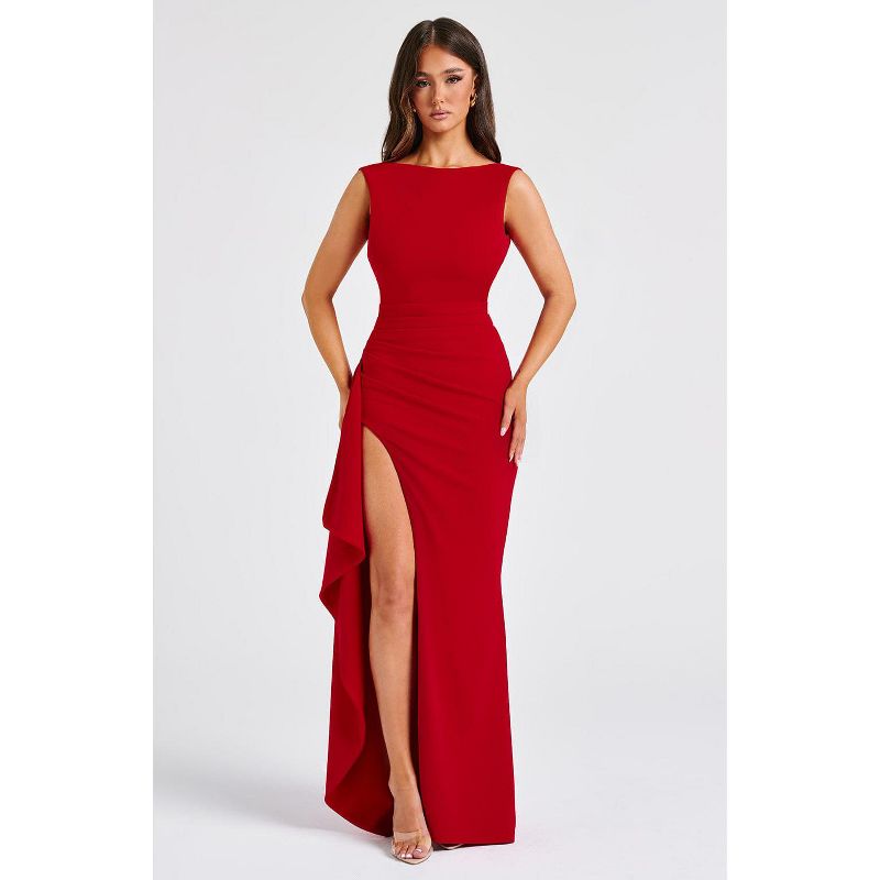 Garvee Womens Summer Maxi Dresses Formal Gala Dress Side Slit Ruffle Trim Cocktail Long Dresses for Wedding Guest L Red