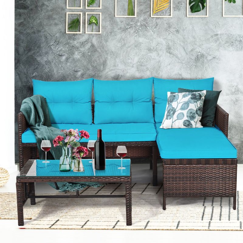 Tangkula 3-Piece Outdoor Rattan Wicker Sectional Sofa Set Patio Conversation Sofa Set, 2 of 6