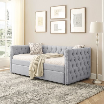 PDTEND Twin Size Tufted Upholstered Daybed with Trundle, Square Arms, Buttons & Copper Nails