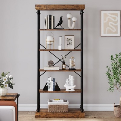 Industrial Bookshelf Wood Bookcase 6 Tier Storage Open Rack Shelf