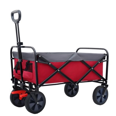 VisioGear Outdoor Serving Carts, Portable Folding Beach Wagons with Wheels, 150L Collapsible Outdoor Carts Foldable, Red, 36.61"*20.94"*39.17"