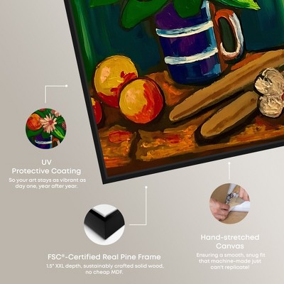 Art Remedy Floral Vase and Fruits Painting on Canvas with Black Frame