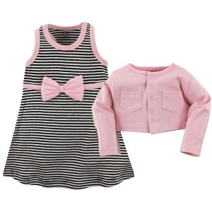 Hudson Baby Infant and Toddler Girl Cotton Dress and Cardigan 2pc Set, Light Pink Black, 9-12 Months - 1 of 2
