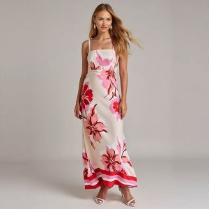 Knit & Lounge Women’s Floral Print Maxi Dress Fitted Bodice Spaghetti Straps Back Zip Bold Summer Statement - 1 of 4