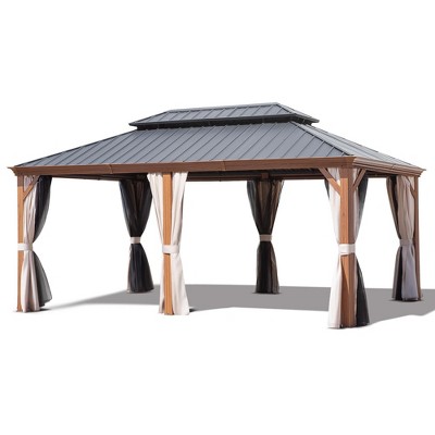 COWLOWN 12' X 18' Double Tier Hardtop Gazebo Equipped with Reinforced Galvanized Steel Roof, Curtains and Netting for Patio, Lawn, Deck and Backyard