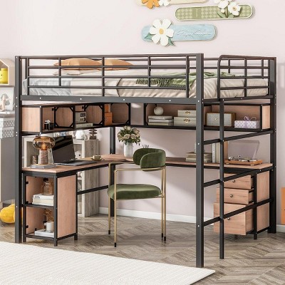 Streamdale Metal Loft Bed with bookcase, desk and cabinet, Full, Black