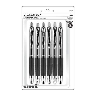 Uniball Retractable 207 Black Gel Pens 6ct Click Top 0.7mm Medium