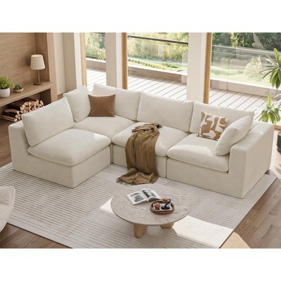 Lycvki 4-Pieces Beige Modular Sectional Sofa Couch with Corduroy Fabric Upholstered and 2 Pillows