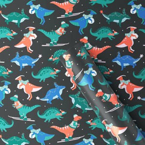 30" 50 sq ft Christmas Roll Wrap Dinosaurs on Black - Wondershop™ - 1 of 3