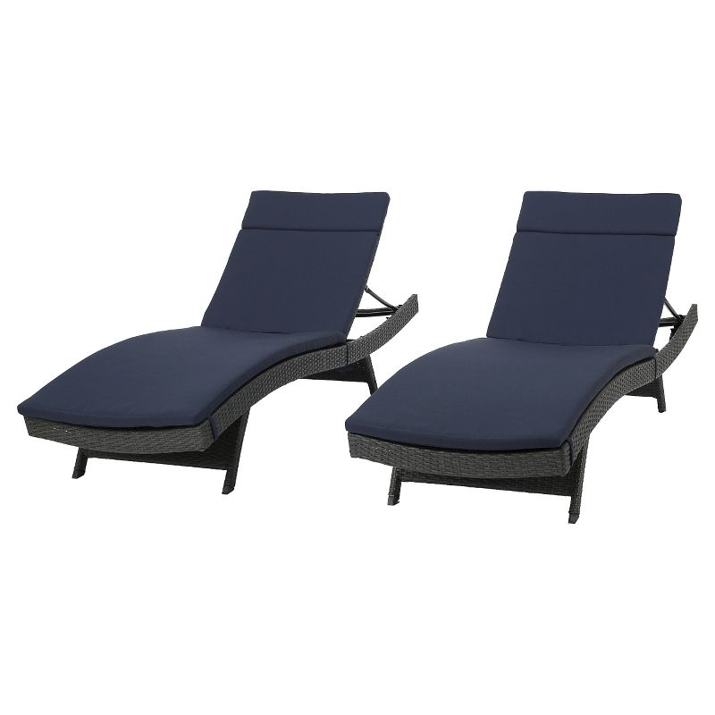 Salem Set of 2 Gray Wicker Adjustable Chaise Lounge - Navy Blue - Christopher Knight Home, 1 of 5