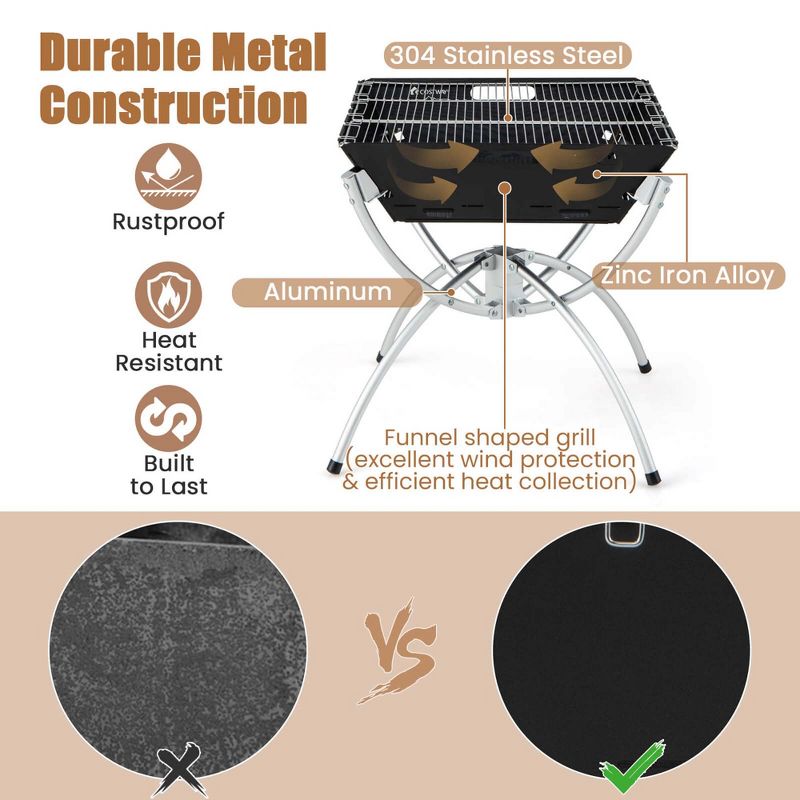 Costway 3-in-1 Portable Charcoal Grill Folding Camping Fire Pit with Carrying Bag & Gloves Black/Coffee, 5 of 11