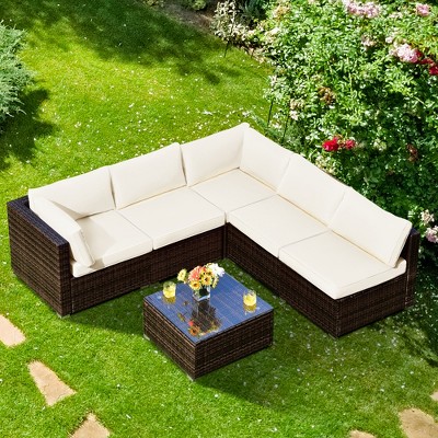 Costway 6PCS Patio Rattan Furniture Set Cushioned Sofa Coffee Table Garden White