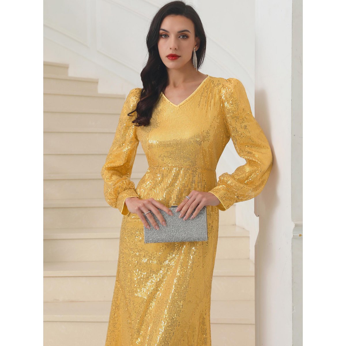 Женские платья INSPIRE CHIC Women's Long Sleeve V-neck Dresses Gold Small — фото 3