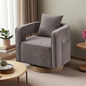 29.1" Linen Blend Swivel Open Back Accent Chair with Solid Wood Base - 1 of 4