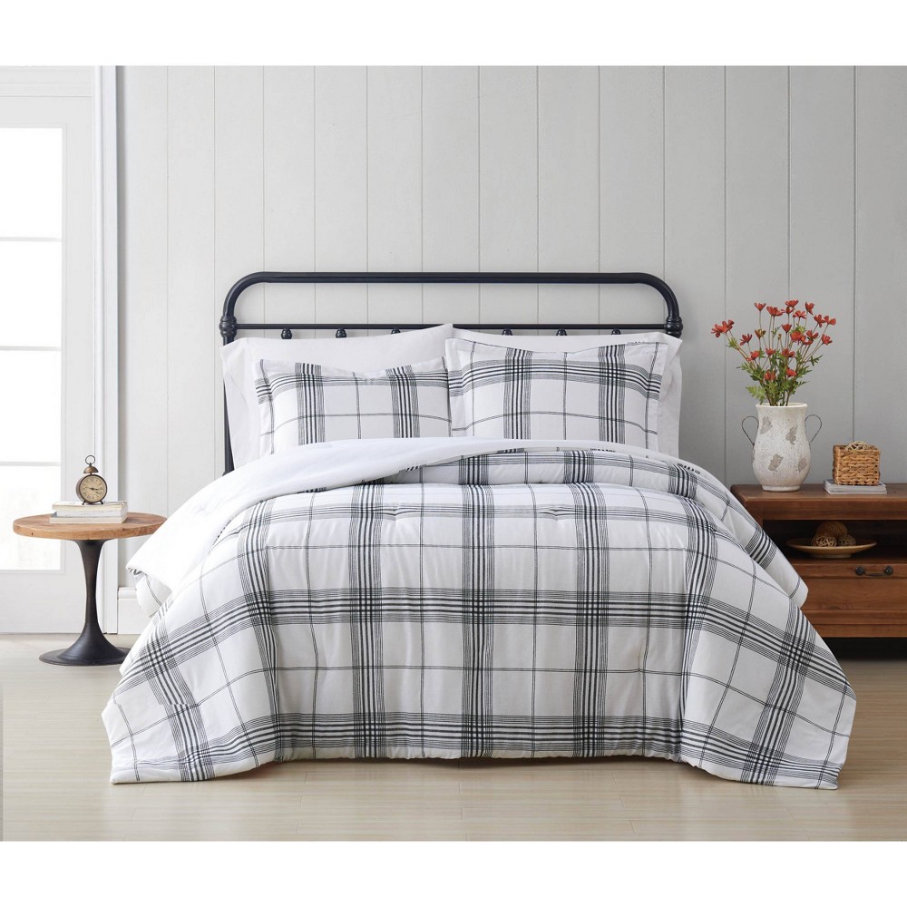 Photos - Bed Linen Cottage Classics 3pc King Cottage Plaid Comforter Set White/Black: Reversible Bedding, Machine Washable, 200 Thread Count