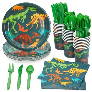Juvale 144 Piece Dinosaur Birthday Party Supplies, Dino Party Decorations with Paper Plates, Napkins, Cups & Cutlery, 24 Guests - 1 of 4