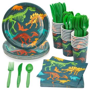 Juvale 144 Piece Dinosaur Birthday Party Supplies, Dino Party Decorations with Paper Plates, Napkins, Cups & Cutlery, 24 Guests