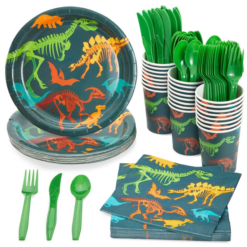Juvale 144 Piece Dinosaur Birthday Party Supplies, Dino Party Decorations with Paper Plates, Napkins, Cups & Cutlery, 24 Guests, 1 of 10