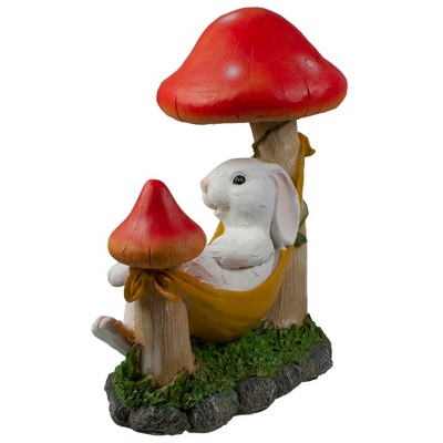 White Bunny in Yellow Hammock with Red Mushrooms Garden Statue