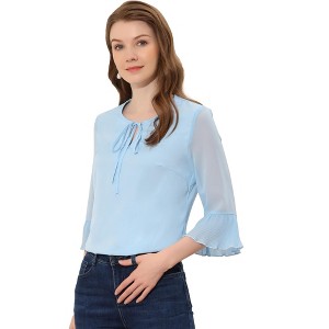 Allegra K Women's Bow Tie Neck Sheer 3/4 Sleeve Chiffon Tops - 1 of 4