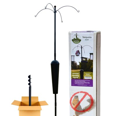 Squirrel Stopper Sequoia Squirrel Proof Pole System with 4 Hanging Stations for bird houses, bird feeders, hanging baskets, wind chimes and more.