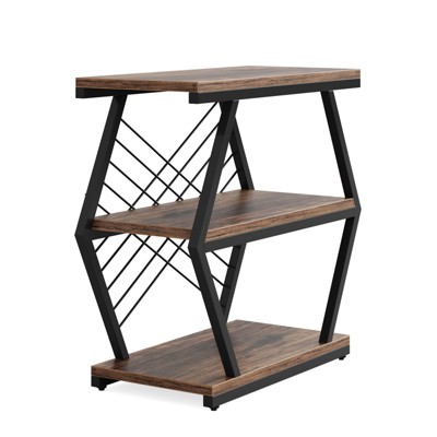 FONTOI 25.6" 3-Tier End Table, Accent Table with Storage Shelves&Geometric Frame for Living Room, Bedroom, Small Spaces, Brown, 11.81"*24.8"*25.59"