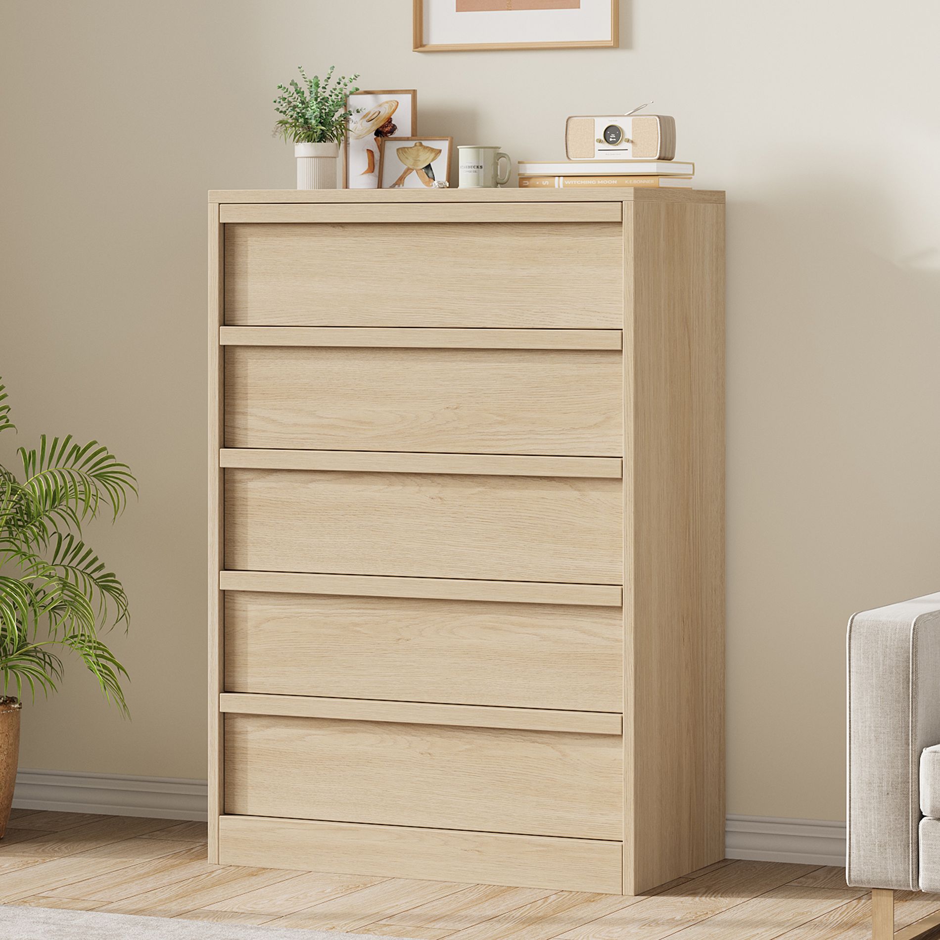 Whizmax 5 Drawer Dresser, Modern 5 Chest of Drawers with Storage Freestanding, Tall Wooden Dresser Organizer for Bedroom, Living Room, Natural Oak