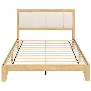 Yukimo 78.7" Full Size Platform Bed Frame with Upholstered Headboard, Wooden Slats Support, No Box Spring Needed, Oak Finish - 1 of 4