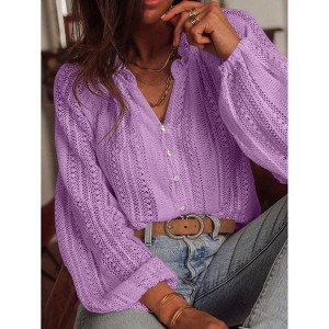 Womens Button Down Shirts Long Sleeve Dress Blouses V Neck Solid Casual Flowy Tunics Floral Lace Crochet Tops - 1 of 4