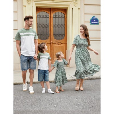 PATPAT Family Matching Sets Mommy and Me Floral Smocking Casual Dresses and Stripe Tee