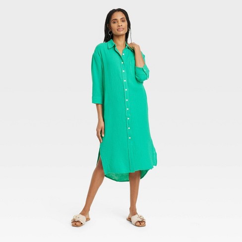 Women's 3/4 Sleeve Midi Shirtdress - Universal Thread™ Green Xl : Target