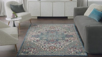 Ivory and Navy Round Medallion Synthetic Rug, 6' Diameter