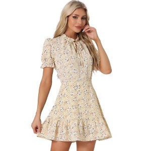 Allegra K Women's Summer Chiffon Ruffle Tie Neck Puff Short Sleeve Floral Dress - 1 of 4