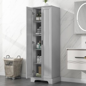 Angel Sar 5 Tier Tall Narrow Bathroom Cabinet with 2 Adjustable Shelves, 2 Fixed Shelves & 2 Doors, Anti-Tipping Storage Cabinet, Grey - 1 of 4